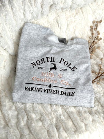 Embroidered "North Pole Milk & Cookies" Ash - Sweatshirt