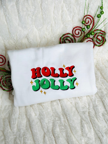 Embroidered "Holly Jolly" White - Sweatshirt