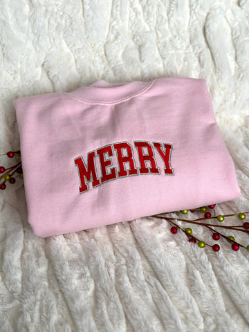 Embroidered "Merry" Pink - Sweatshirt