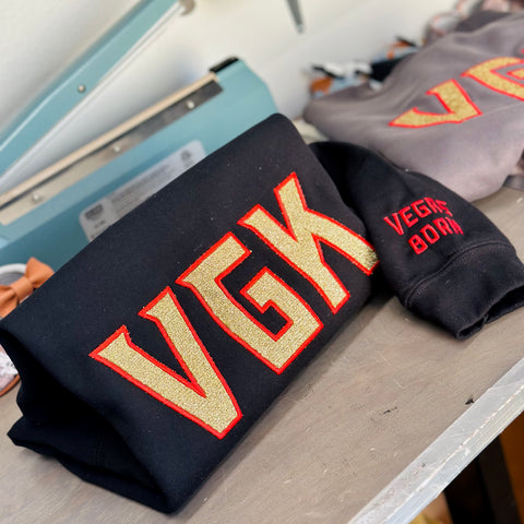 "VGK" Black Glitter Embroidered Adult Sweatshirt